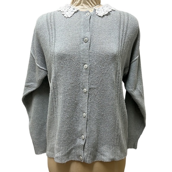 Vintage WESTERN CONNECTION | Silk Angora blend Cardigan size L Gray/White - Picture 7 of 13
